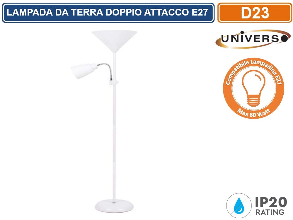 UNIVERSO LAMPADA A PIANTANA DA TERRA IN METALLO CON DOPPIO ATTACCO E27 PORTALAMPDA A BRACCIO ORIENTABILE - Colore Struttura:Argento