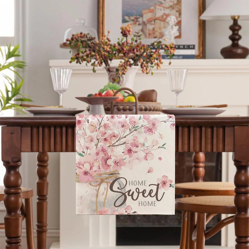 Tovaglia primaverile con motivo di fiori di ciliegio (sakura), 33x183 cm, in lino