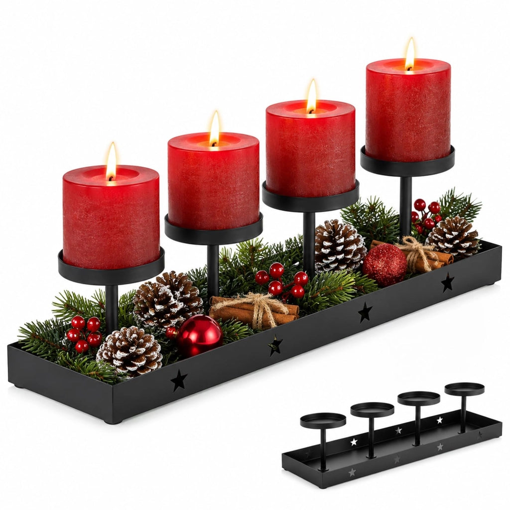 Candeliere natalizio in metallo nero, diametro 42 cm, per 4 candele