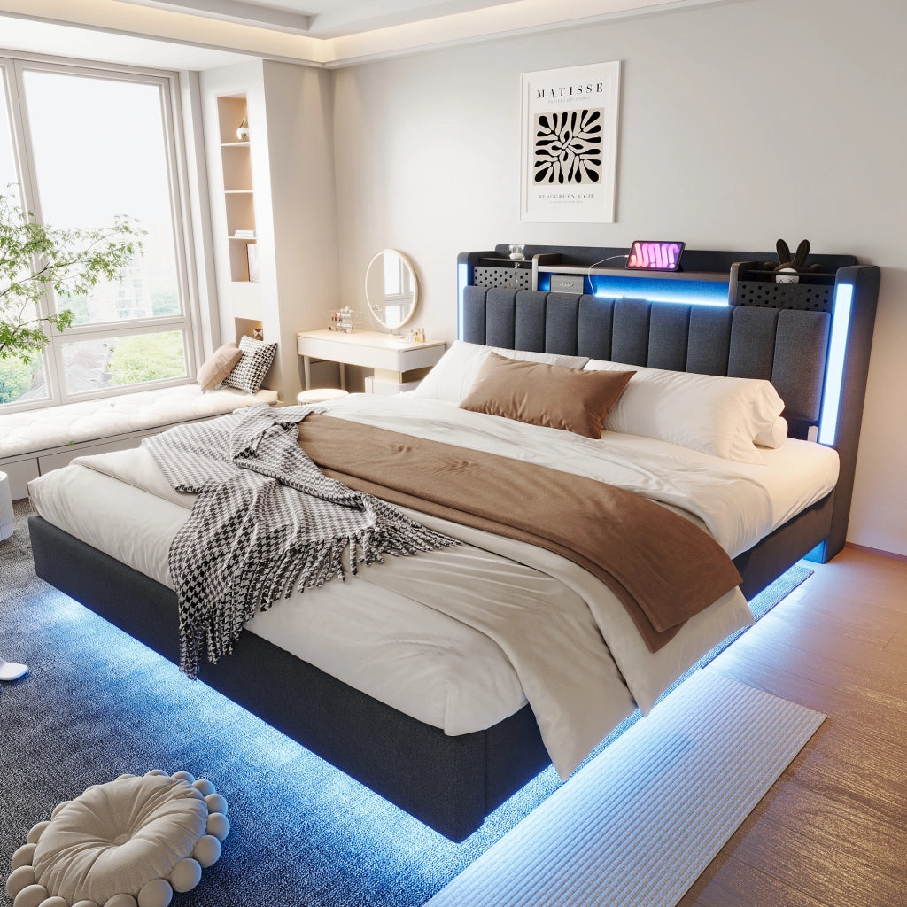 Letto matrimoniale imbottito 160 × 200 cm con LED e USB testiera contenitore rete a doghe tessuto di lino grigio