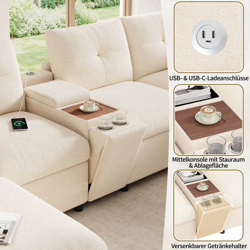 Divano panoramico modulare a 6 posti in chenille beige con console USB Type-C e 2 pouf contenitore 84.5 × 316 × 140 cm