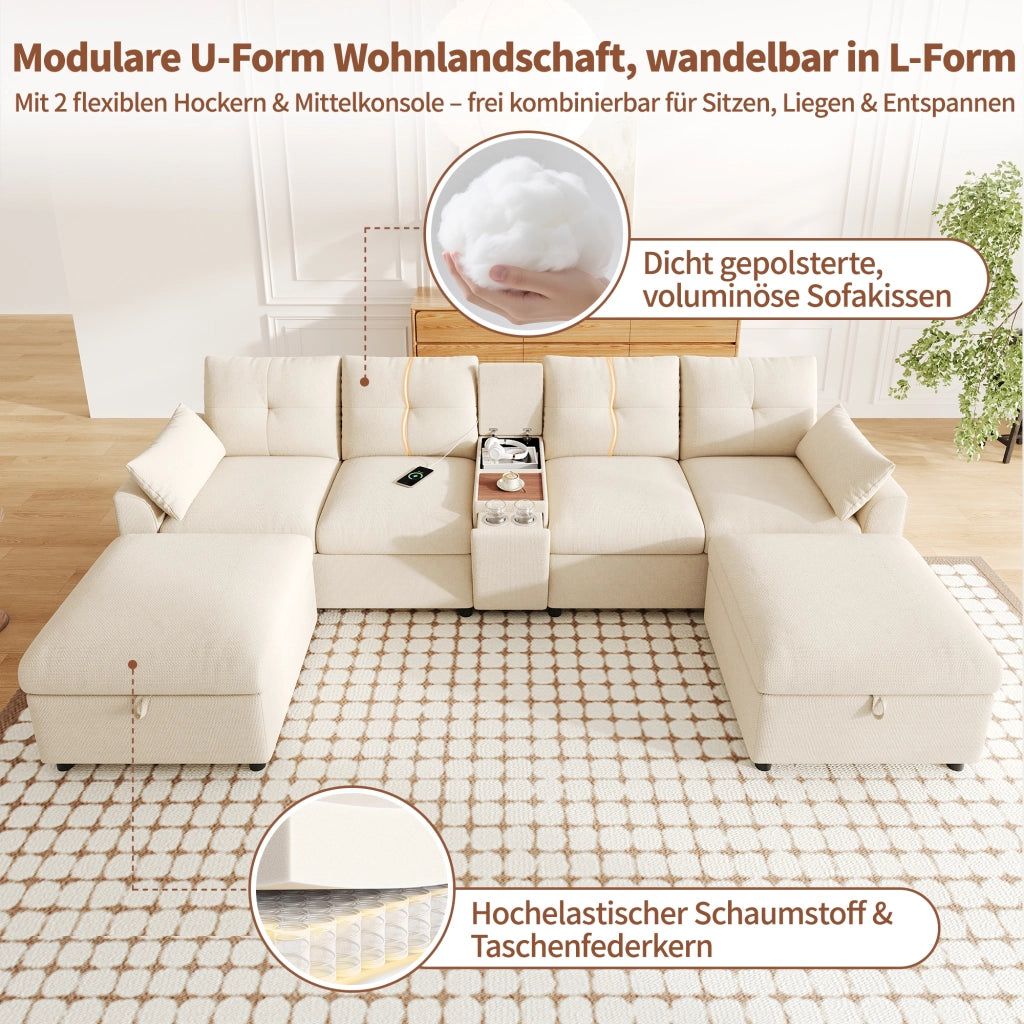 Divano panoramico modulare a 6 posti in chenille beige con console USB Type-C e 2 pouf contenitore 84.5 × 316 × 140 cm