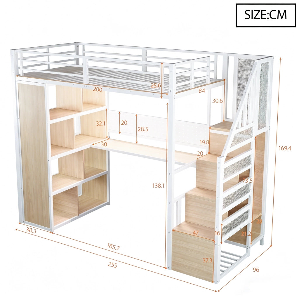 Letto a soppalco in metallo 90x200 cm con armadio, scrivania e scaletta, bianco