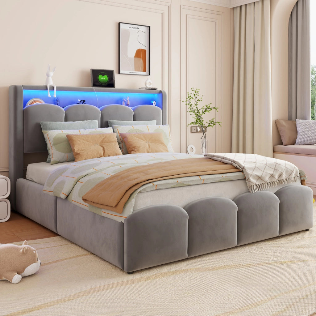 Letto imbottito 140 x 200 cm grigio con contenitore, LED e USB