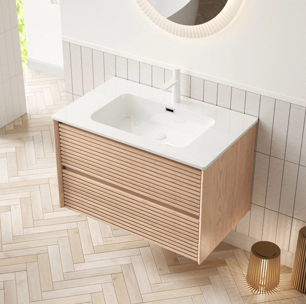 Mobile lavabo bagno sospeso 81 cm ceramica bianca e compensato noce, 2 cassetti
