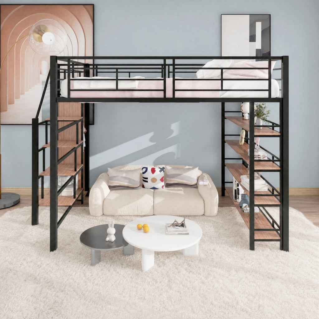 Letto a soppalco 140x200 cm con scala contenitore; guardaroba e ripiani in metallo nero