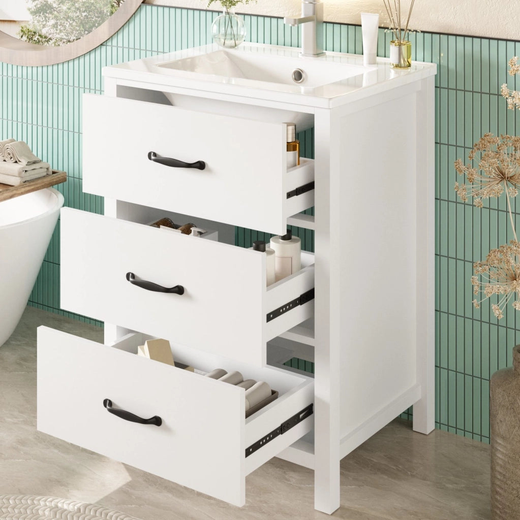 Mobile bagno 61 x 47 x 83 cm in MDF bianco con lavabo ceramico e 3 cassetti
