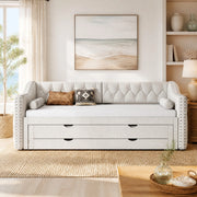 Letto singolo 90x200 cm con letto estraibile; 3 cassetti e luci LED; beige