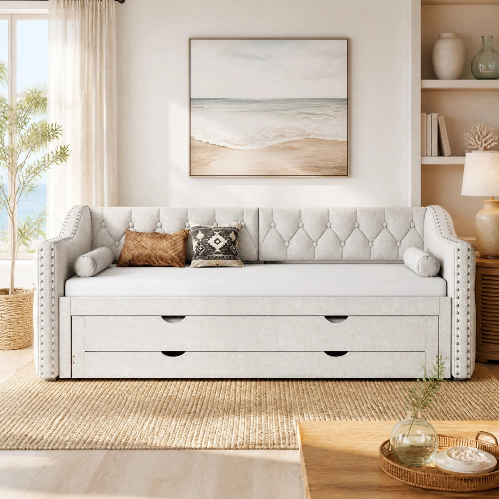 Letto singolo 90x200 cm con letto estraibile; 3 cassetti e luci LED; beige