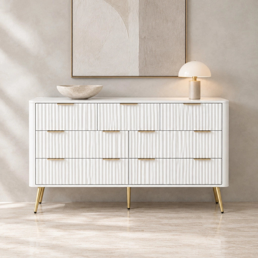 Cassettiera bianca in MDF con 7 cassetti e chiusura ammortizzata