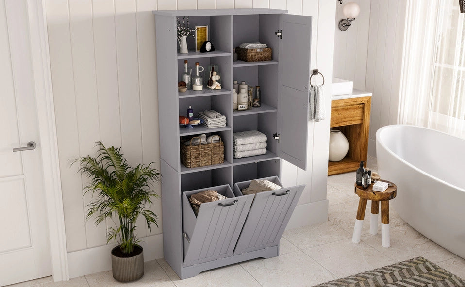 Mobile da bagno in MDF grigio 78x35x172 cm con doppio cestino per biancheria e ripiani regolabili