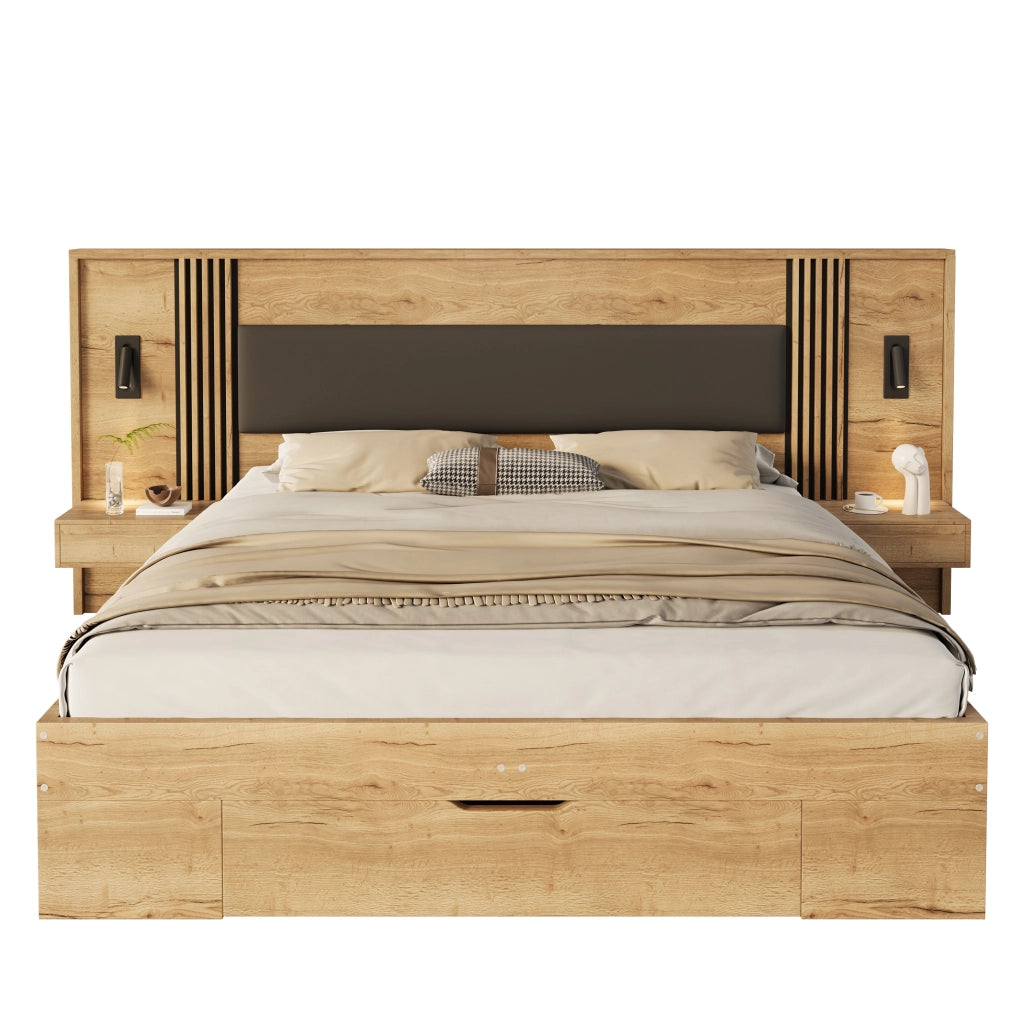 Letto matrimoniale 160x200 cm in MDF color naturale; con contenitore; comodini integrati e lampade da lettura