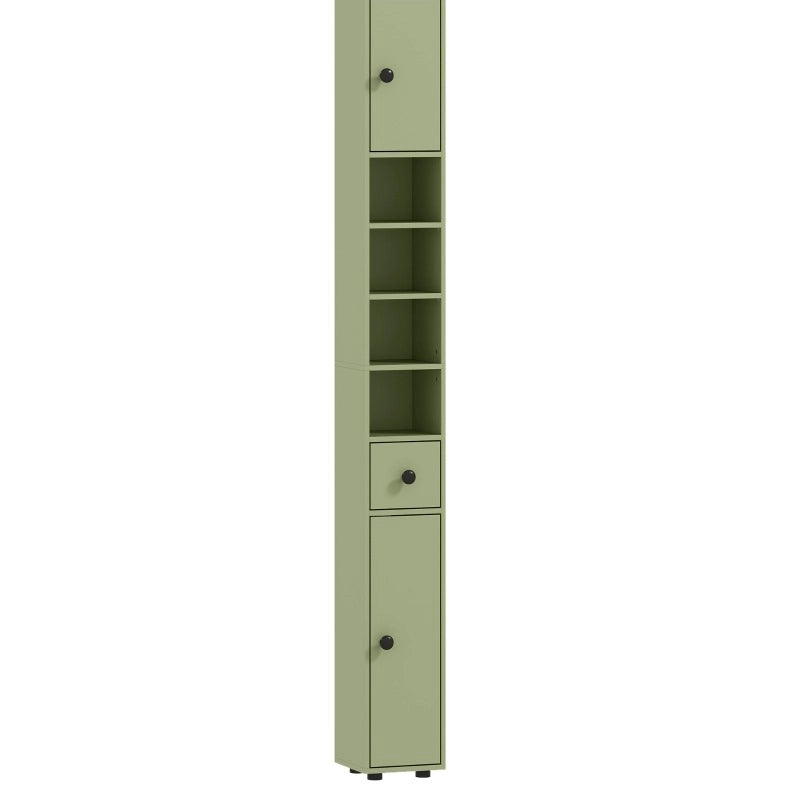 Colonna bagno sottile verde con cassetto e 4 ripiani aperti, 180 x 20 x 20 cm