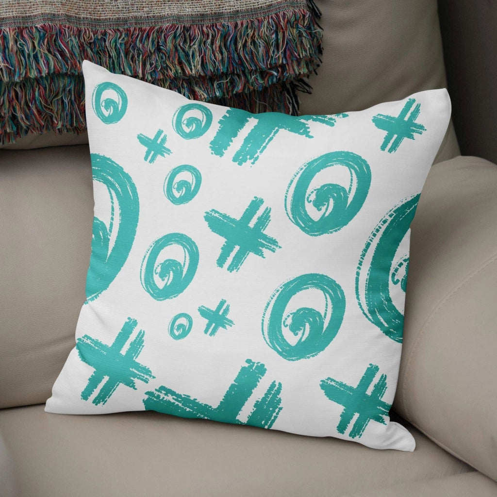 Custodia per cuscino, 50x50 cm, in poliestere e cotone, motivo geometrico, turchese e bianco, 1 pezzo