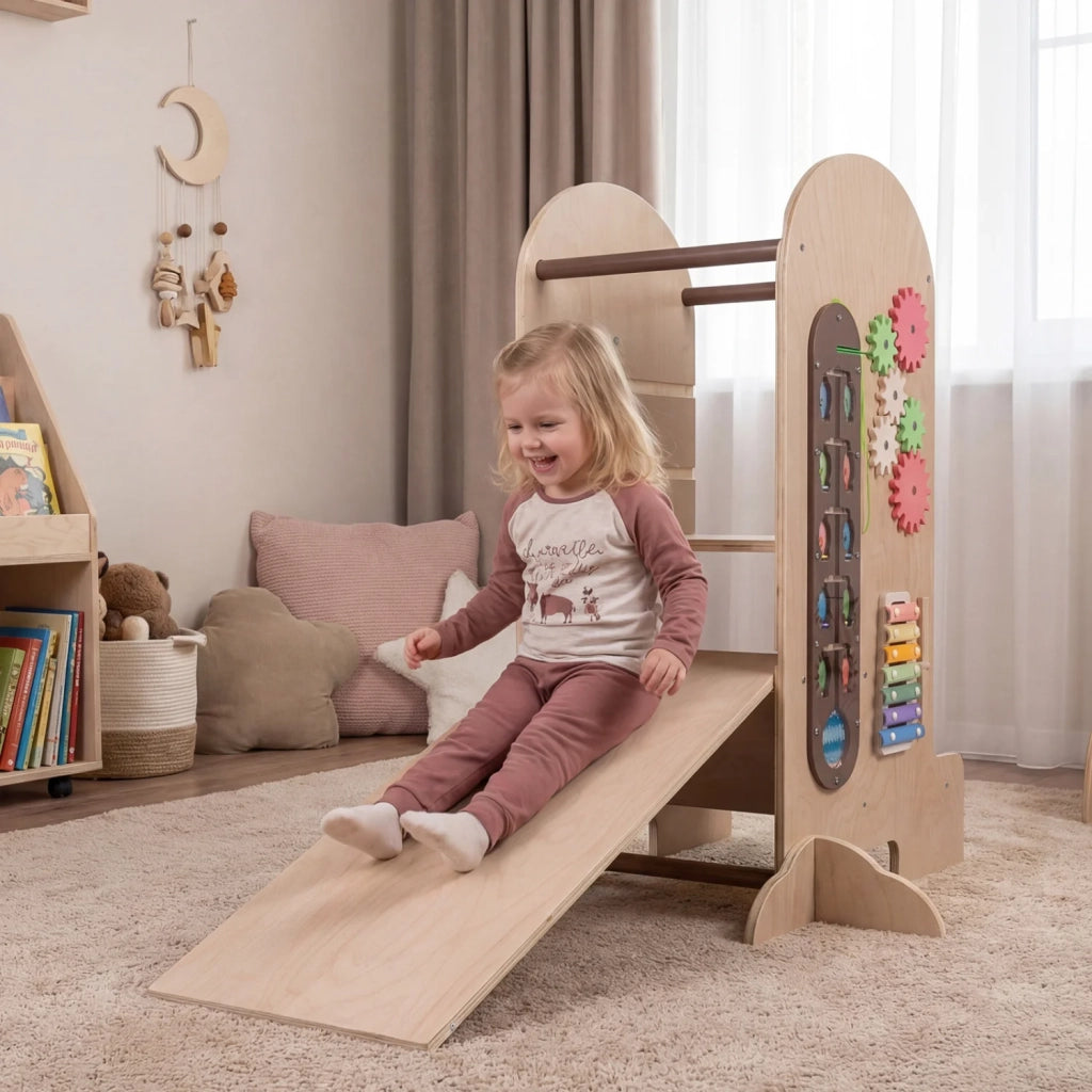 Torre di apprendimento per bambini, sgabello multifunzionale regolabile con scivolo e lavagna per casa e cucina