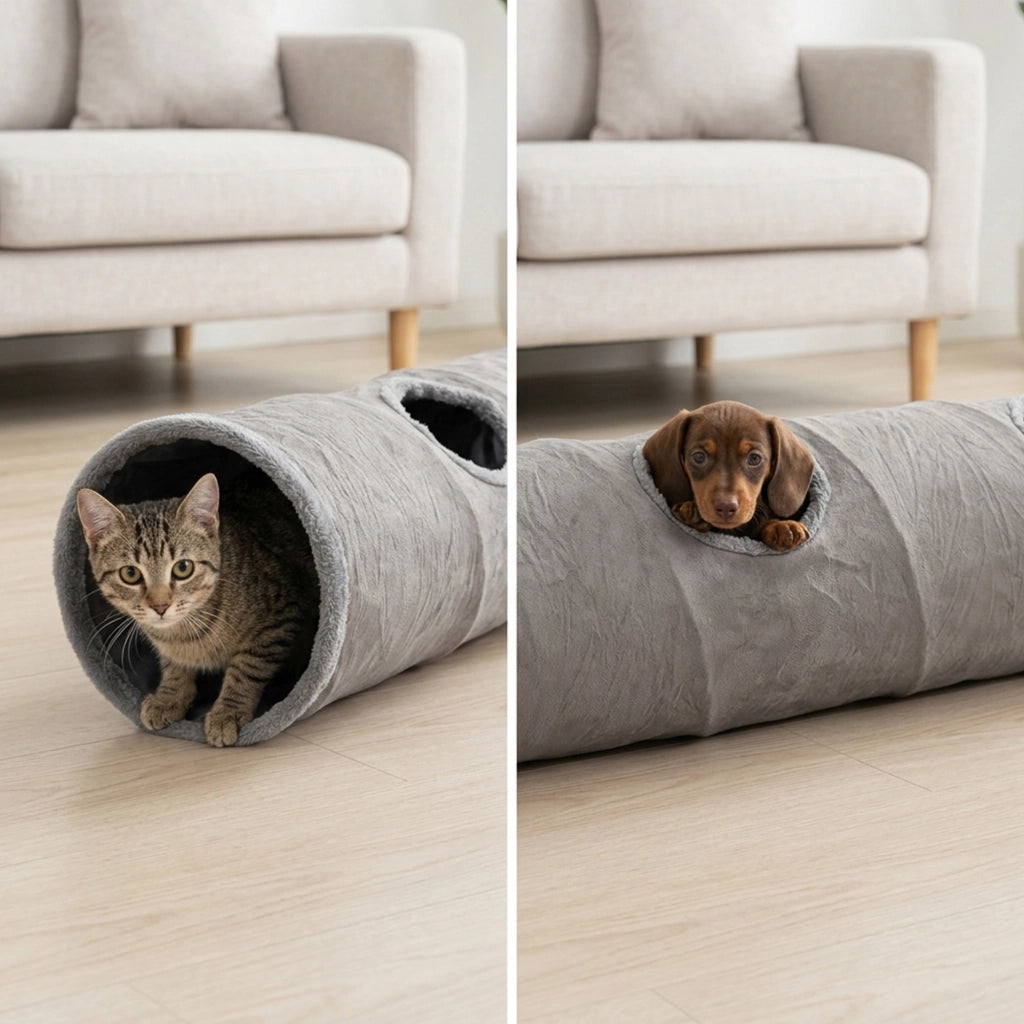 Tunnel pieghevole per gatti in peluche con più aperture e pallina