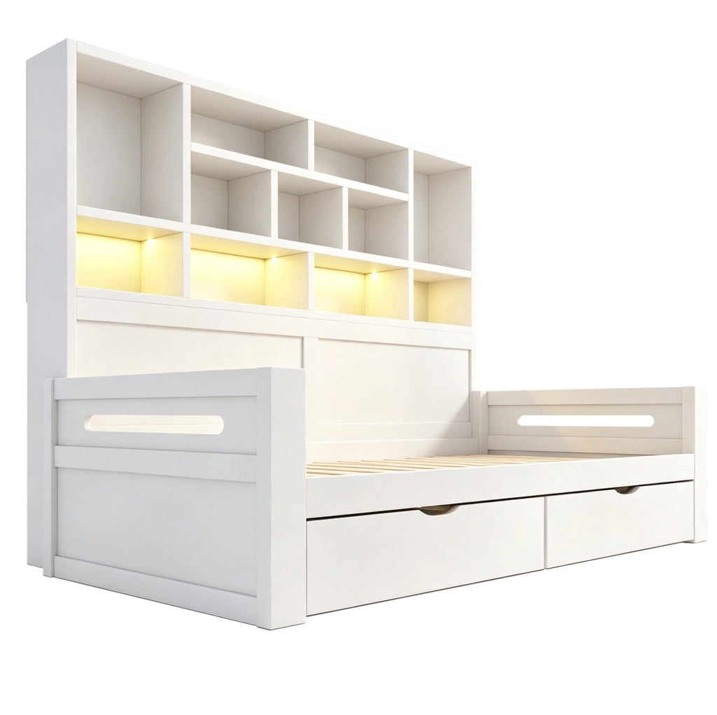 Letto divano 90 x 200 cm bianco con cassetti, LED e prese