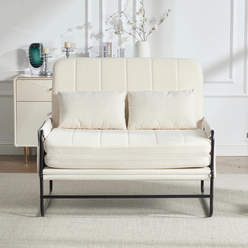 Divano letto a due posti in ciniglia beige con tasche laterali
