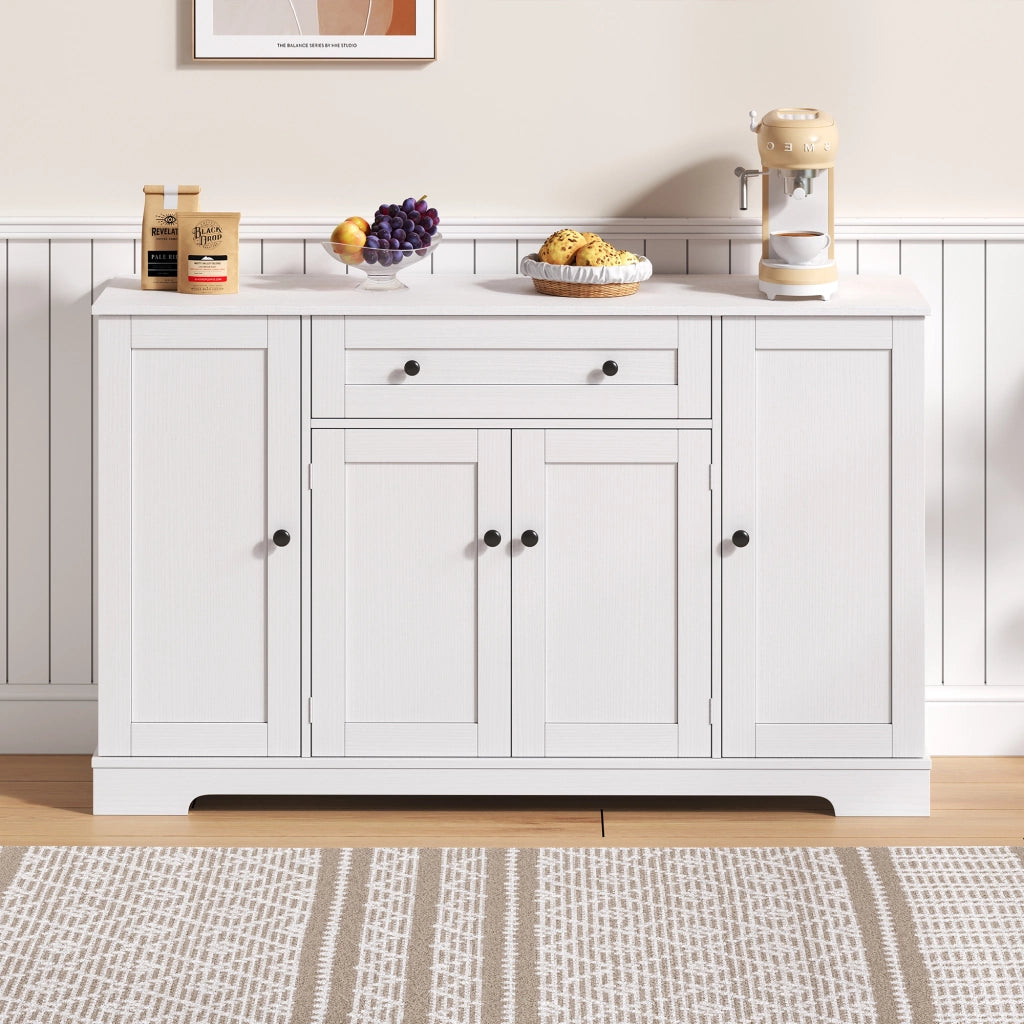 Credenza da cucina lunga 138 cm con cassetto vano a doppia anta e armadietti laterali in MDF bianco con antiribaltamento