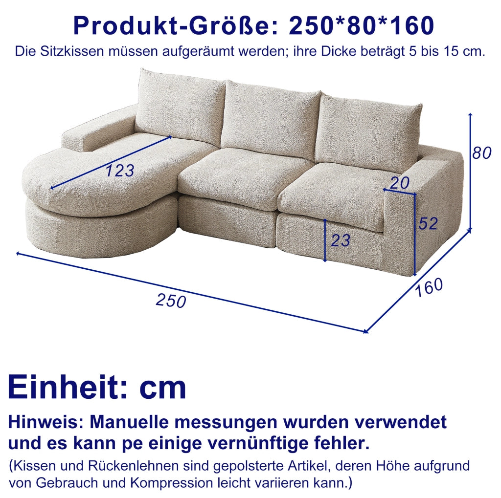 Divano modulare in ciniglia beige con seduta allungata reversibile