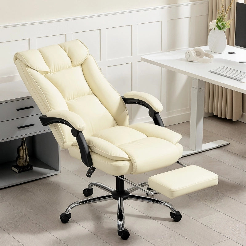 Sedia da ufficio reclinabile con poggiapiedi in similpelle beige girevole con ruote 113–121 × 66 × 72 cm
