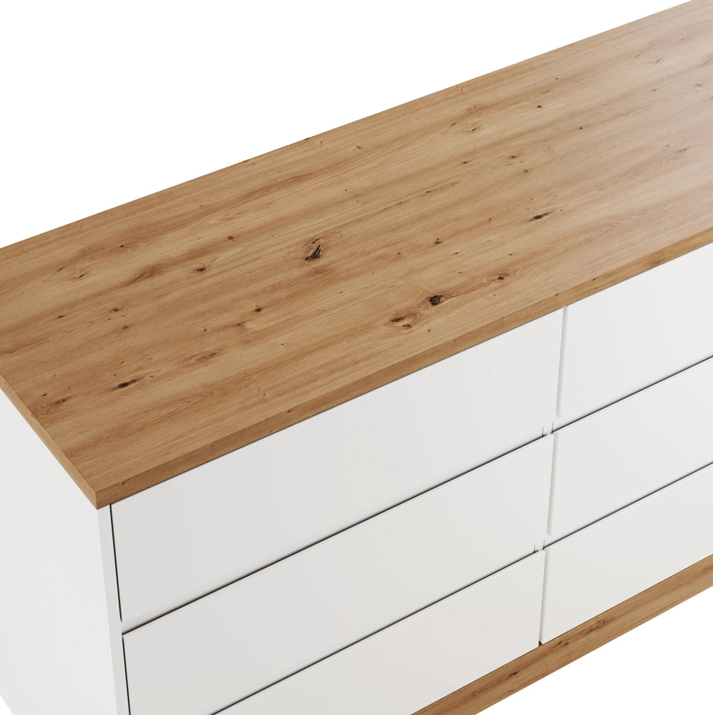 Scrivania girevole 120x50 cm con 6 cassetti e ruote bloccabili in truciolare rovere e bianco