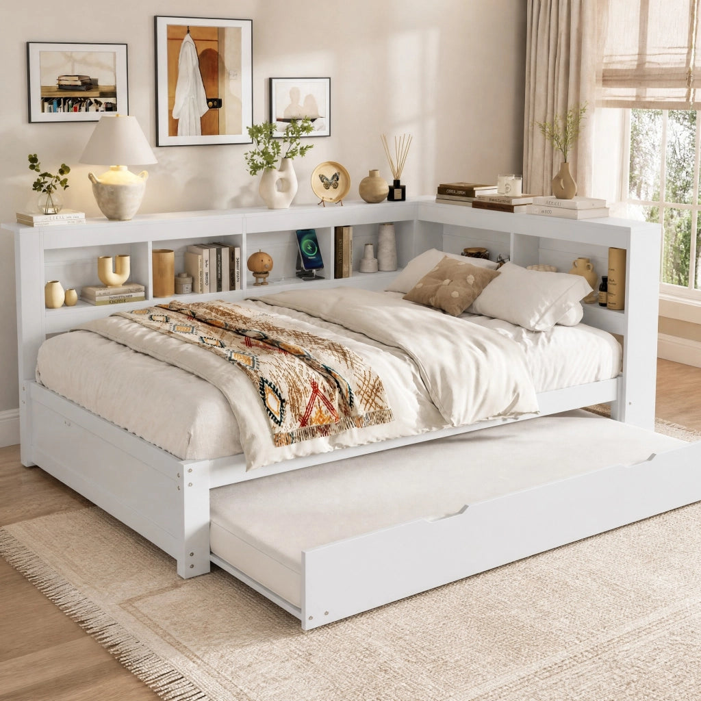 Divano letto 219x167x90 cm con letto estraibile, 2 cassetti e 2 porte USB in legno bianco