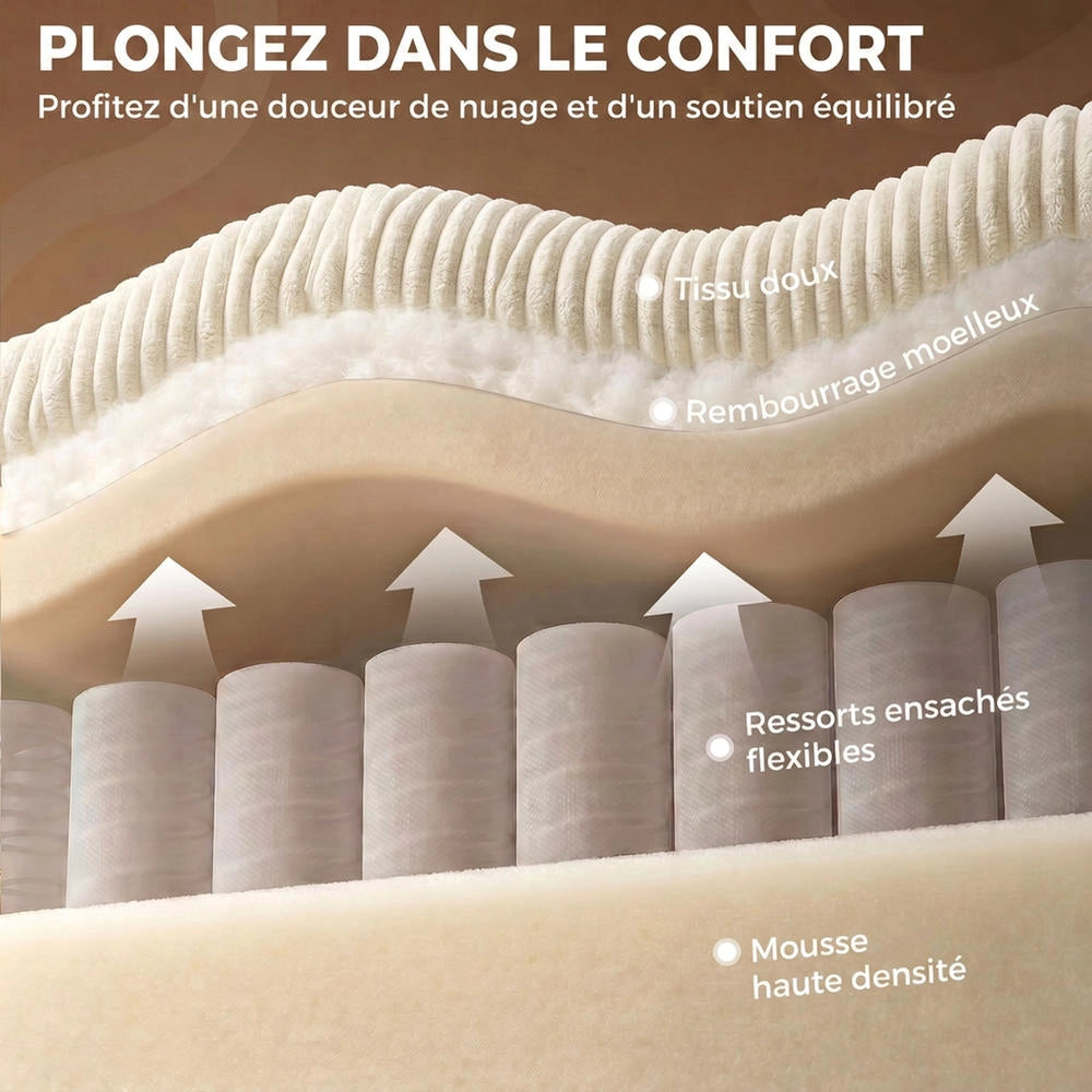 Divano angolare modulare a U 306 cm, 4 posti con 2 pouf contenitore e 4 cuscini, velluto a coste crema, salvaspazio per casa