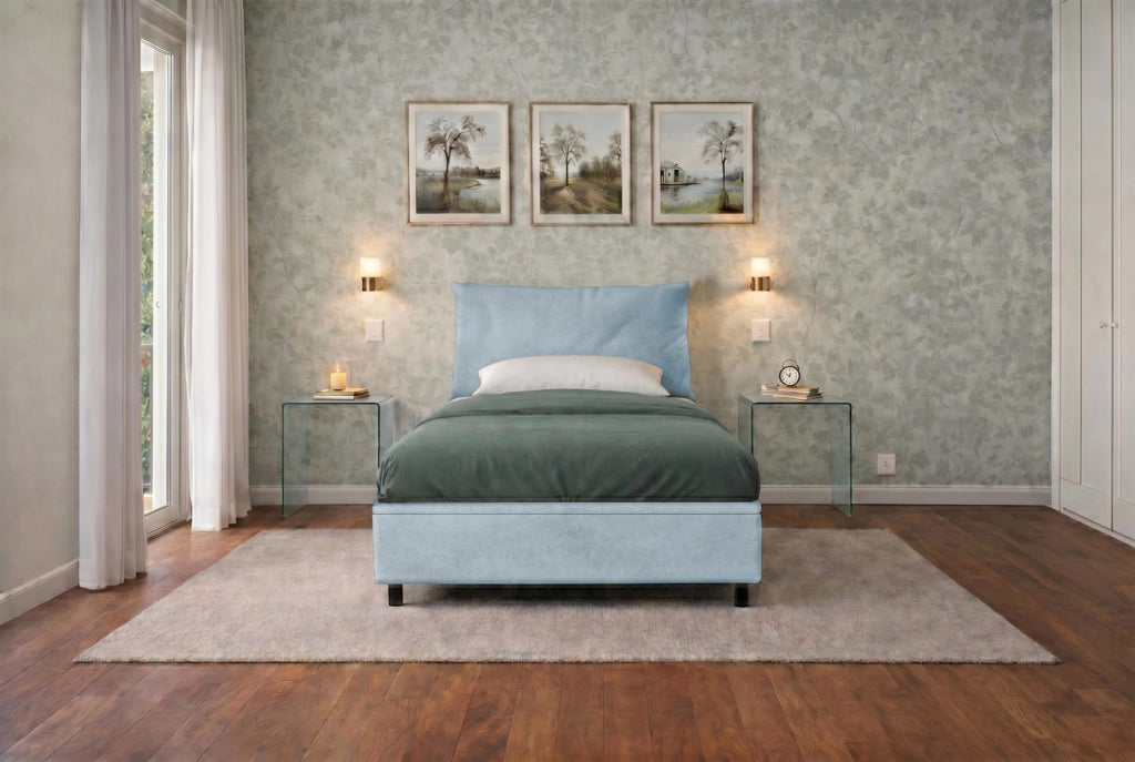 Letto Singolo Contenitore Imbottito 80x200 cm Microfibra Azzurro BoxMax Testata Soft