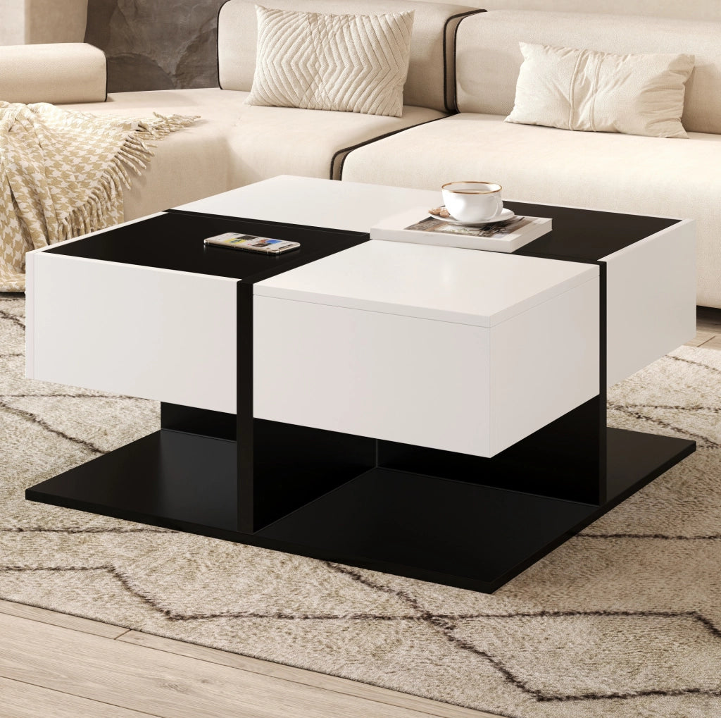 Tavolino da salotto con contenitore 70x70 cm nero e bianco, 2 cassetti