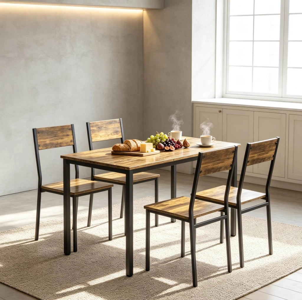 Set da pranzo 5 pezzi con tavolo rettangolare 108x60 cm e 4 sedie rustico marrone e nero