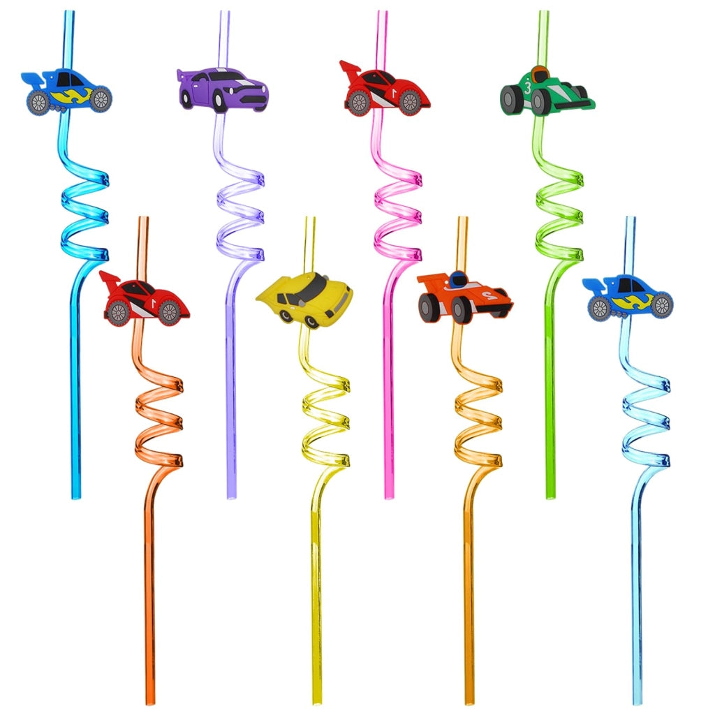 8 cannucce riutilizzabili con motivo di macchine da corsa, 26 cm, colorate