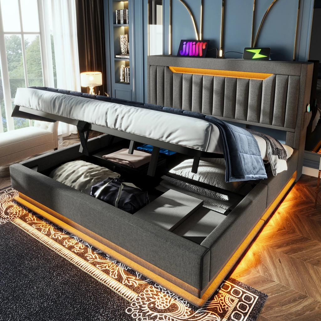 Letto contenitore 90 ¡Á 200 cm con testiera portaoggetti LED USB e Type-C in lino beige; senza materasso