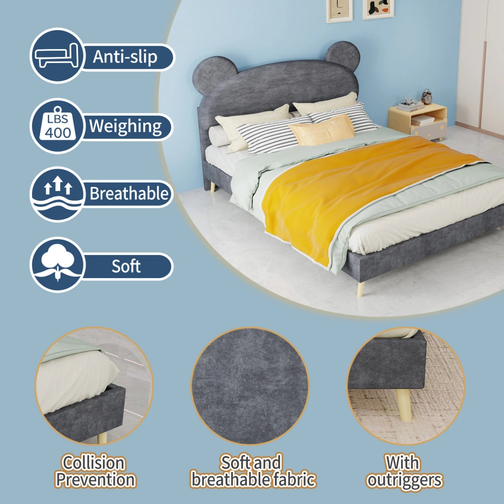 Letto per bambini 140x200 cm con testiera imbottita a orecchie; grigio