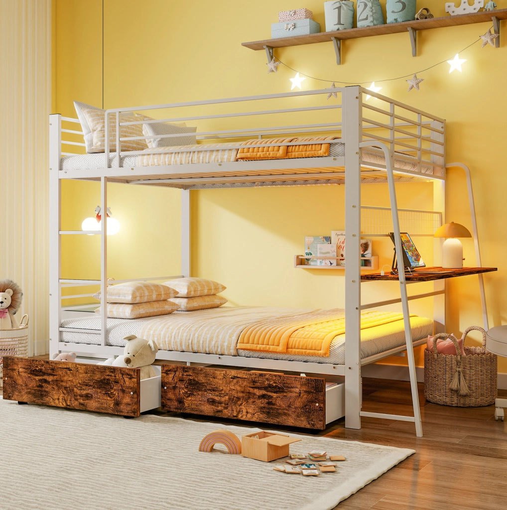 Letto a soppalco 140 x 200 cm con scrivania, cassetti e illuminazione LED, bianco opaco e noce
