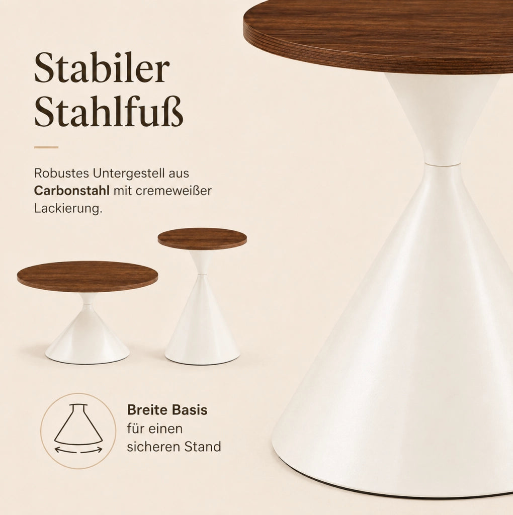 Set di 2 tavolini rotondi effetto noce con base bianco crema