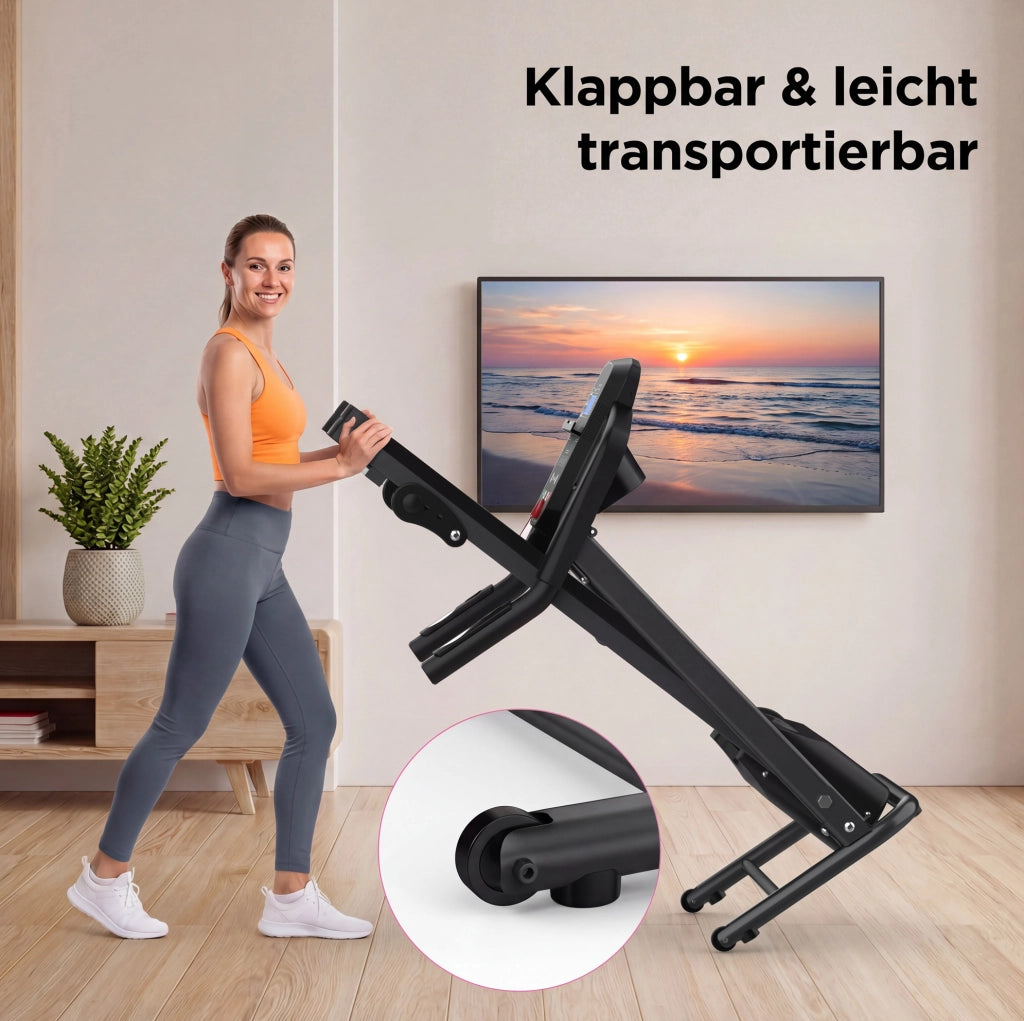 Tapis roulant pieghevole compatto per casa con maniglie, display LED multifunzione e 3 programmi, struttura in metallo, nero