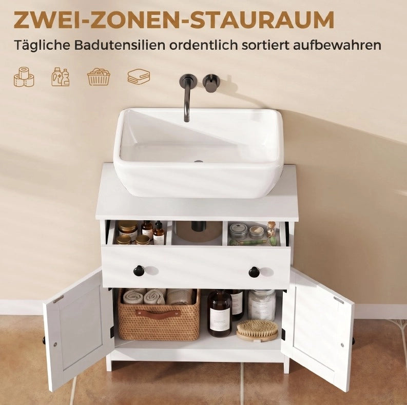 Mobile bagno bianco moderno con anta doppia, cassetto e chiusura soft-close, ideale per lavabo senza piedistallo