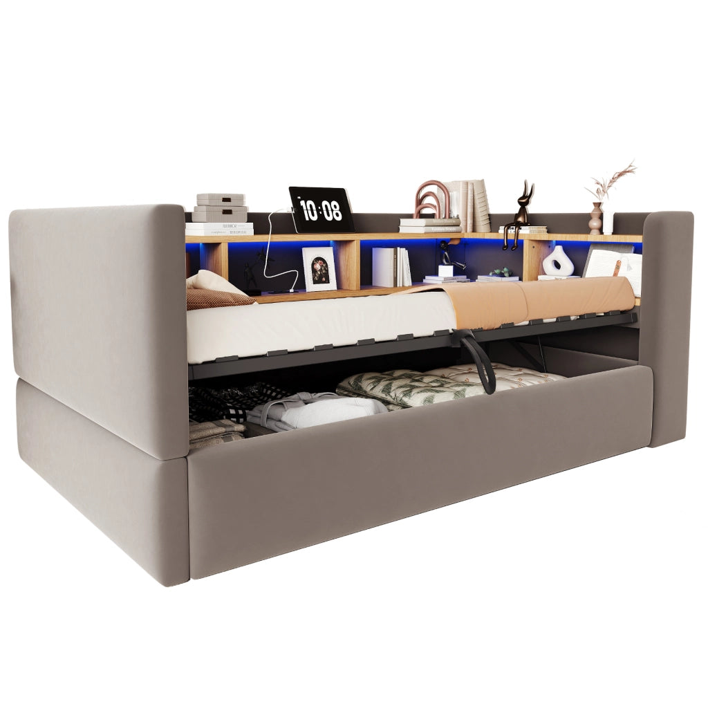 Divano Letto Singolo 90x190 cm con Contenitore Idraulico, LED e Prese, Tessuto Scuro