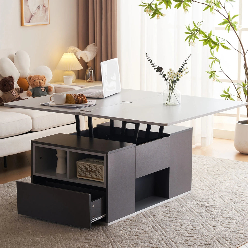 Tavolino da caffè elevabile 100x51x47 cm grigio con 2 cassetti