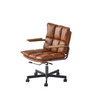 Sedia ufficio ergonomica in cuoio, girevole 360°, con altezza regolabile e braccioli in legno chiaro, per home office e studio