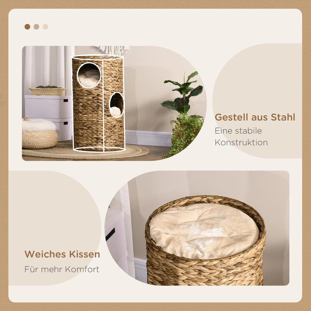 Torre Tiragraffi per Gatti a 3 Livelli Cuccia con Cuscini Stile Boho 40 cm x 40 cm x 73 cm Marrone Chiaro e Bianco Crema