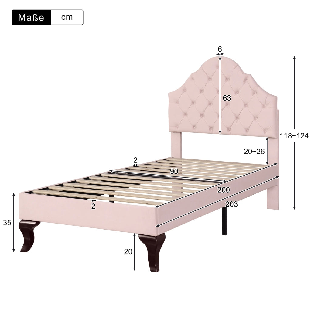 Letto singolo imbottito 90 × 200 cm con rete a doghe testiera regolabile in velluto rosa