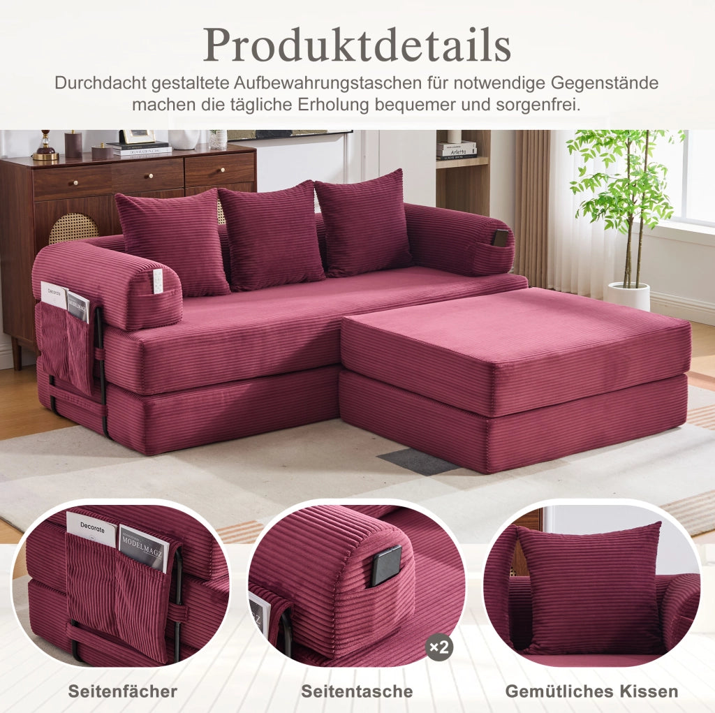 Divano modulare IVMEU 200x190x67 cm con pouf, 3 cuscini e tasca laterale, velluto a coste rosso vinaccia