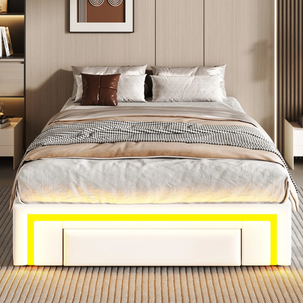 Letto singolo 90x200 cm con cassetti e luce LED RGB in PU; metallo e MDF; bianco