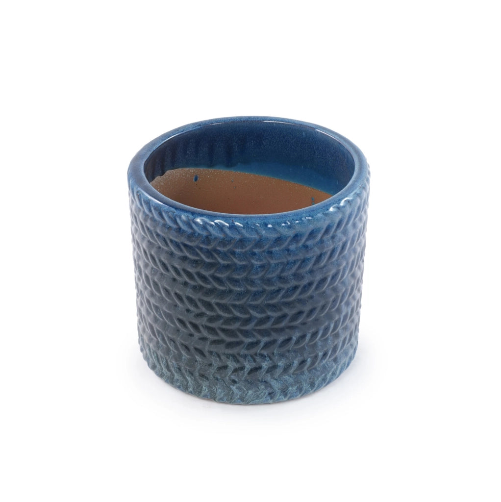 Vaso in ceramica blu scuro Ø 24,5 cm con rilievo a spina di pesce