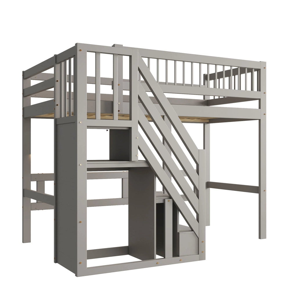 Letti a soppalco per bambini 90x200 cm con scala, armadio e rete a doghe in pino bianco e grigio, senza materasso
