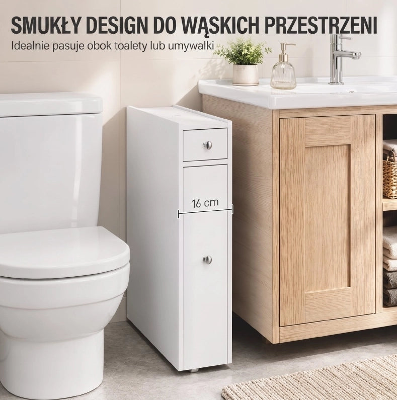 Mobiletto bagno stretto bianco con 2 cassetti e vano, 16x48x58 cm