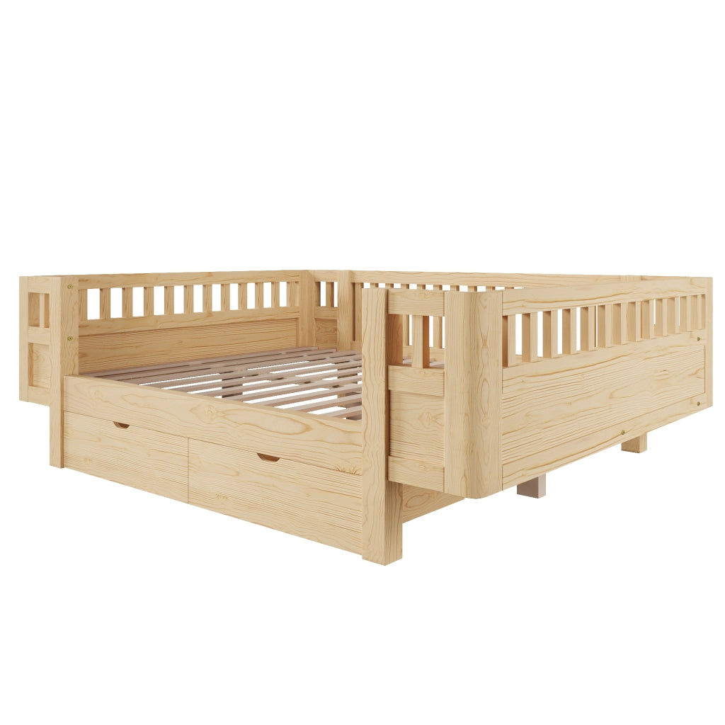 Letto per bambini 140x200 cm con sponde alte e 2 cassetti; struttura in pino e MDF; colore legno chiaro