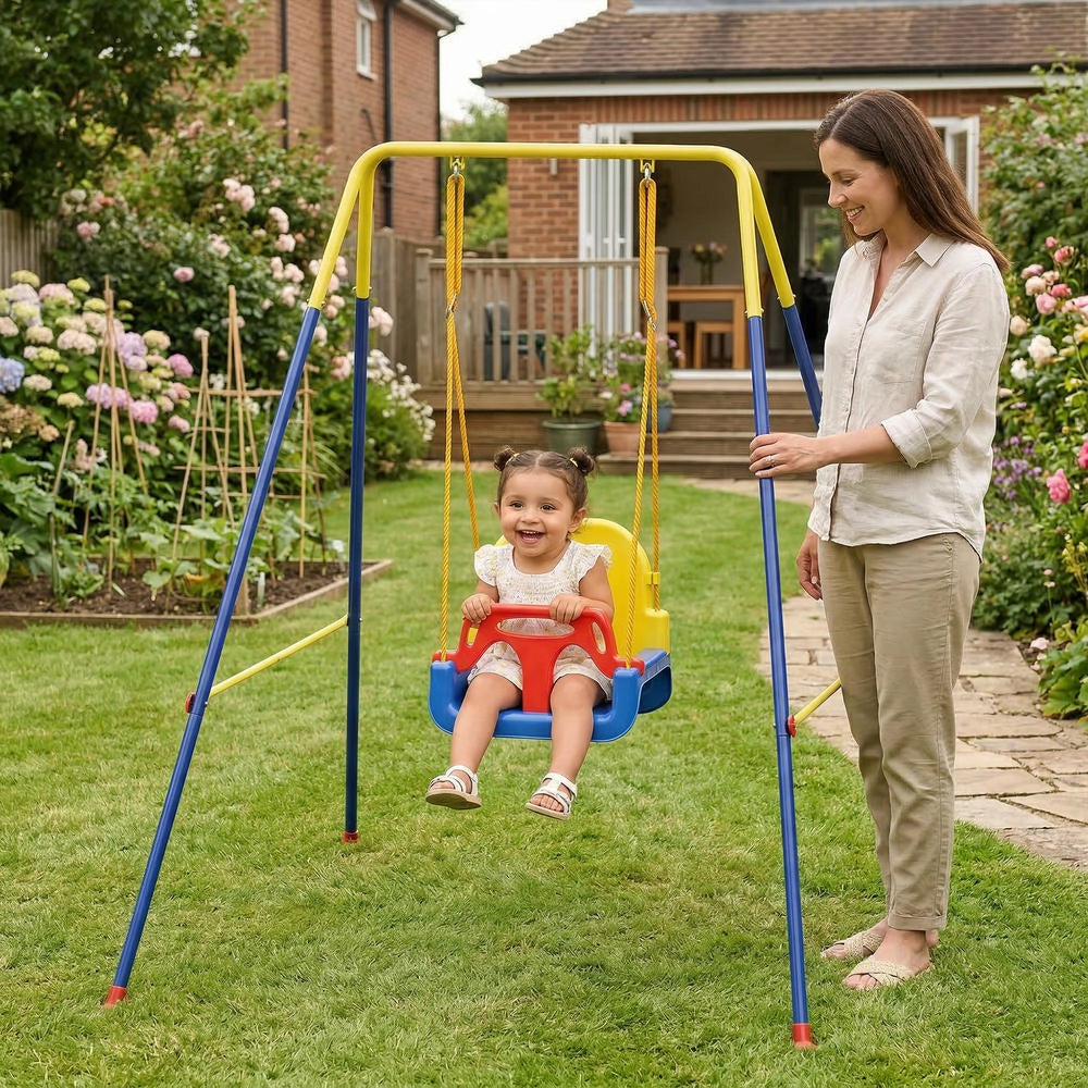 Altalena da giardino per bambini in acciaio e PP regolabile pieghevole con schienale blu 128x155x157 cm